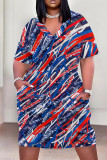 Baby Blue Casual Print Patchwork Pocket V Neck Straight Plus Size Dresses