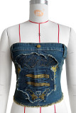 Blue Street Embroidery Patchwork Buttons Zipper Strapless Tops