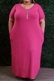 Rose Red Casual Solid Pocket V Neck Long Plus Size Dresses