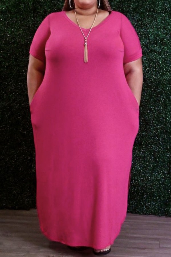 Rose Red Casual Solid Pocket V Neck Long Plus Size Dresses