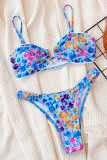 Blue Sexy Print Backless Swimwears (With Paddings)