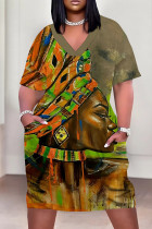 Green Casual Print Patchwork V Neck Straight Plus Size Dresses