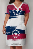 White Casual Letter Print The stars Pocket Contrast V Neck Short Sleeve Plus Size Dresses