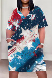 Baby Blue Casual Print Patchwork Pocket V Neck Straight Plus Size Dresses