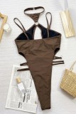 Coffee Sexy Solid Hollowed Out Backless Swimwears (With Paddings)