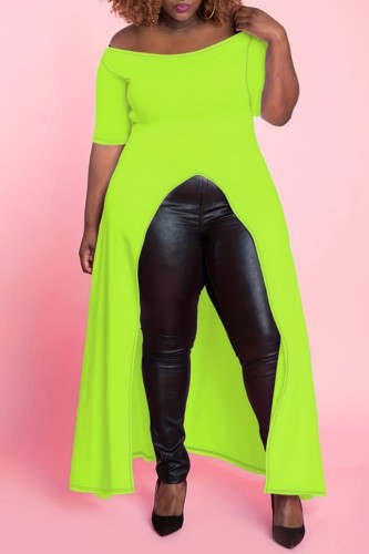 Fluorescent Green Casual Solid Slit O Neck Short Sleeve Plus Size Dresses