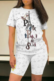 White Casual Letter Geometric Print O Neck Short Sleeve Two Pieces