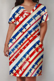 Baby Blue Casual Print Patchwork Pocket V Neck Straight Plus Size Dresses