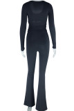 Black Street Solid Bandage Patchwork U Neck Long Sleeve Two Pieces