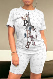 Black Casual Letter Geometric Print O Neck Short Sleeve Two Pieces