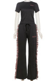Grey Street Letter Tassel Patchwork Pocket O Neck Short Sleeve Two Pieces