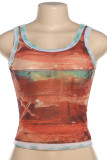 Red Street Print Patchwork O Neck Tops
