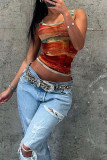 Red Street Print Patchwork O Neck Tops