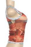 Red Street Print Patchwork O Neck Tops