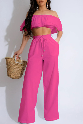 Rose Red Casual Solid Patchwork Backless Off the Shoulder Short Sleeve Two Pieces