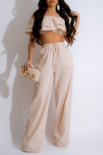 Apricot Casual Solid Patchwork Backless Off the Shoulder Short Sleeve Two Pieces