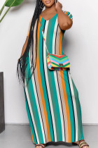 Cyan Casual Color Block Patchwork Pocket V Neck Long Dresses