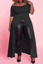 Black Casual Solid Slit O Neck Short Sleeve Plus Size Dresses