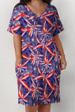 Baby Blue Casual Print Patchwork Pocket V Neck Straight Plus Size Dresses