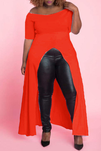 Orange Red Casual Solid Slit O Neck Short Sleeve Plus Size Dresses