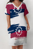White Casual Letter Print The stars Pocket Contrast V Neck Short Sleeve Plus Size Dresses