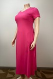 Rose Red Casual Solid Pocket V Neck Long Plus Size Dresses