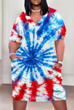 Baby Blue Casual Print Patchwork Pocket V Neck Straight Plus Size Dresses