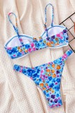 Blue Sexy Print Backless Swimwears (With Paddings)
