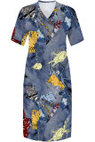 Deep Blue Casual Mixed Printing Pocket V Neck Printed Plus Size Dresses