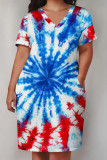 Baby Blue Casual Print Patchwork Pocket V Neck Straight Plus Size Dresses
