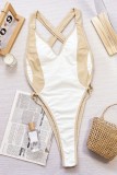 White Sexy Patchwork Backless Contrast Swimwears