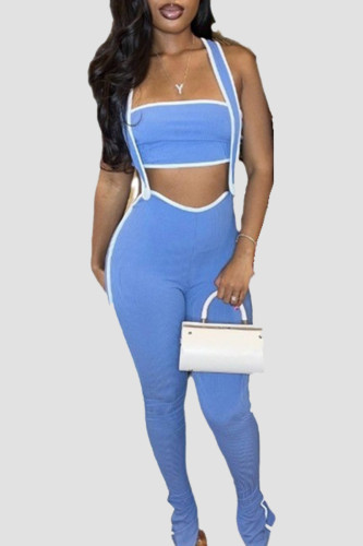 Blue Sweet Patchwork Slit Strapless Sleeveless Two Pieces Tanks Crop Tops And Skinny Pants Sets