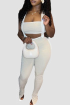 Cream White Sweet Patchwork Slit Strapless Sleeveless Two Pieces Tanks Crop Tops And Skinny Pants Sets