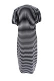 Black Casual Striped Print Patchwork V Neck Long Plus Size Dresses