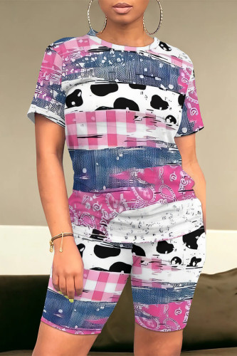 Powder Blue Casual Geometric Print Leopard Contrast O Neck Short Sleeve Two Pieces