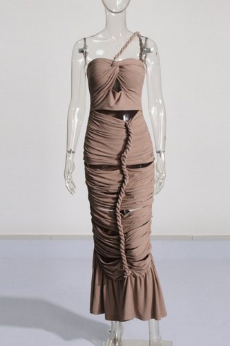 Khaki Sexy Formal Solid Hollowed Out Backless Fold Strapless Long Sleeve Dresses