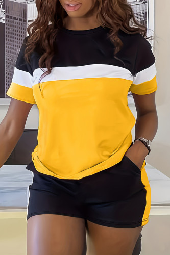 Yellow Casual Patchwork Contrast O Neck Short Sleeve Two Pieces