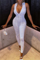 White Sexy Solid Fold V Neck Skinny Jumpsuits
