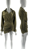 Army Green Casual Solid Patchwork Draw String Fold V Neck Wrapped Skirt Dresses