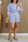 Light Green Casual Striped Patchwork Turndown Collar Long Sleeve Two Pieces