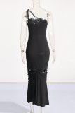 Black Sexy Formal Solid Hollowed Out Backless Fold Strapless Long Sleeve Dresses