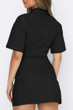 Black Casual Solid Patchwork Buckle Turndown Collar Dresses