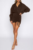 Coffee Casual Solid Patchwork Draw String Fold V Neck Wrapped Skirt Dresses
