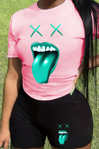 Pink Black Casual Print Patchwork O Neck Short Sleeve Two Pieces
