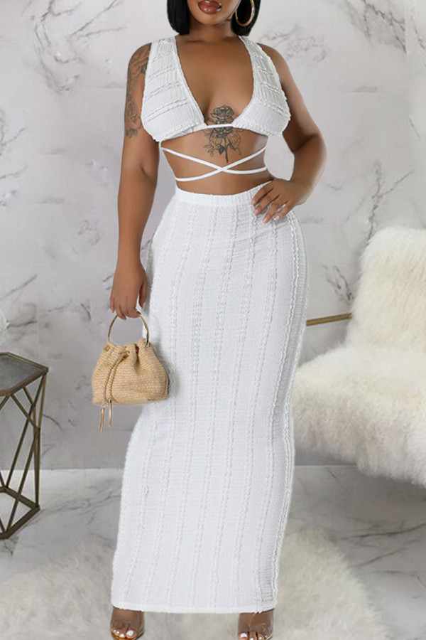 White Elegant Solid Patchwork V Neck Sleeveless Two Pieces