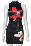 Black Sexy Street Print Patchwork O Neck Sleeveless Two Pieces