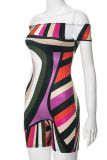 Colour Street Print Patchwork Off the Shoulder Skinny Rompers