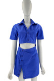 Blue Casual Solid Patchwork Buckle Turndown Collar Dresses