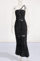 Black Sexy Formal Solid Hollowed Out Backless Fold Strapless Long Sleeve Dresses