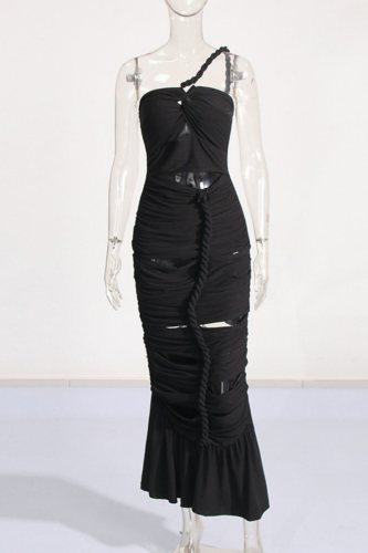 Black Sexy Formal Solid Hollowed Out Backless Fold Strapless Long Sleeve Dresses